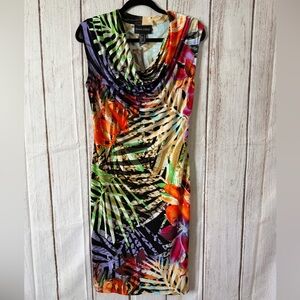 Frank Lyman Tropical Floral Sleeveless Cowl Neck Ruched Sheath Dress Size 8